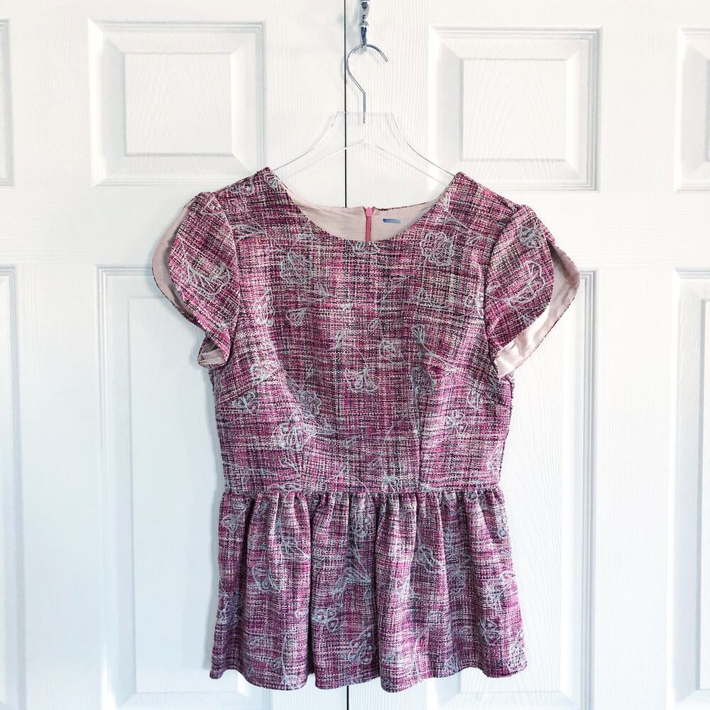 Lena Medoyeff Silk Bouclé Peplum Blouse Pink Metallic Floral Short Sleeve